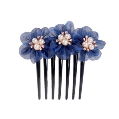 qbodp 2 Pieces Yarn Floral Hair Clip Barrette Imitation Pearls Decorative Hair Accessories Hair Comb 7 Tooth Hair Pins Comb for Women Buns,Dark Blue