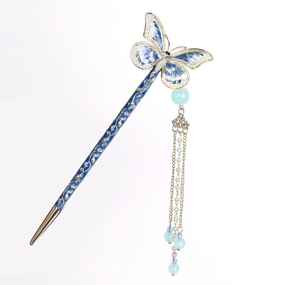 qbodp Cloisonne Butterfly Hair Sticks Dangle,Tassel Chain Hair Chopsticks Elegant Hair Pins Stick Chinese Classical Chopsticks Hair Accessories for Thick Hair