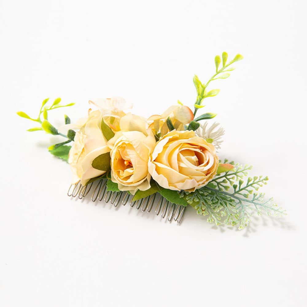 qbodp 2 Pieces Faux Floral Hair Clip Barrette Seaside Vacation Photoshoot Hair Accessories Hair Comb Elegant Flower Hair Pins Comb for Bridal Hairstyle,Yellow
