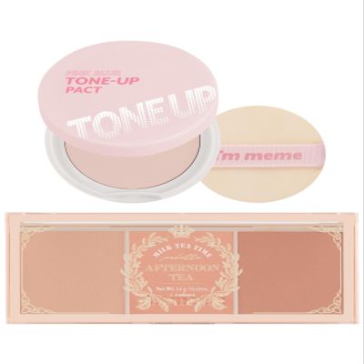 I'M MEME Compact - Tone-up Pact, 0.35 Oz + Palette - Afternoon Tea Blusher Milk Tea Time, 0.42 oz Bundle