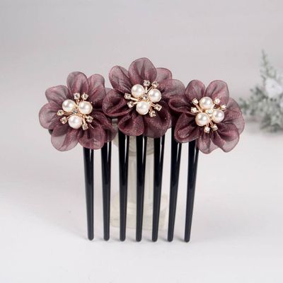 qbodp 2 Pieces Yarn Floral Hair Clip Barrette Imitation Pearls Decorative Hair Accessories Hair Comb 7 Tooth Hair Pins Comb for Women Buns