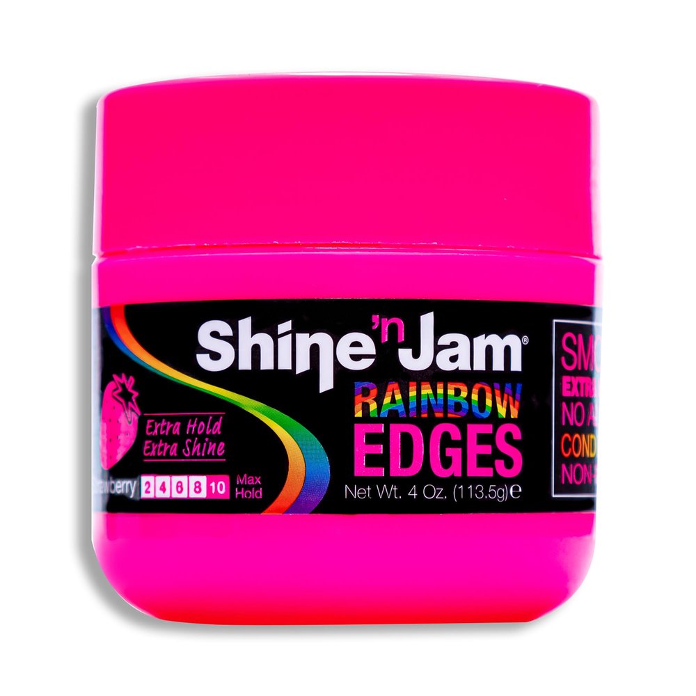 AmPro Shine-n-Jam Rainbow Edges - Strong Hold Curly Hair Gel for Women - Styling Gel for Women - Strengthens with Silk Protein - Strawberry - 4 oz