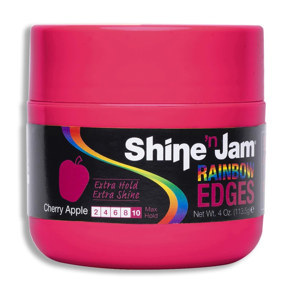 AmPro Shine-n-Jam Rainbow Edges - Strong Hold Curly Hair Gel for Women - Styling Gel for Women - Strengthens with Silk Protein - Cherry Apple - 4 oz