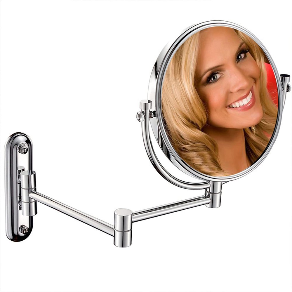 BhjKL Wall Mounted Makeup Mirror, 360 Swivel Bathroom Mirror, 8 Inch 1x/10x Magnifying Vanity Mirror, Cosmetic Mirror, Extendable (Silver)
