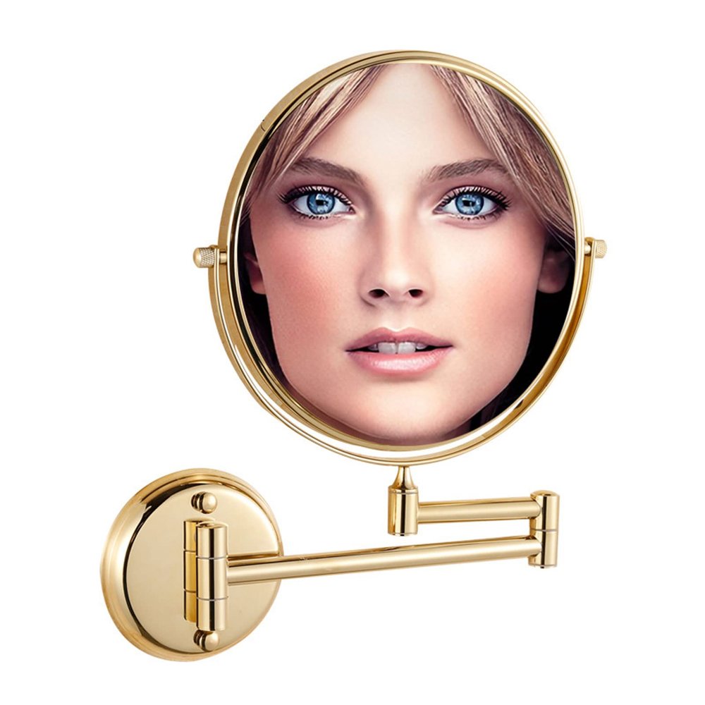 BhjKL Wall Makeup Mirror, Cosmetic Mirror,1X 10X Magnification, Wall Mounted 8 Inch Vanity Mirror, Bathroom Mirror 360 Swivel Extension (Gold)