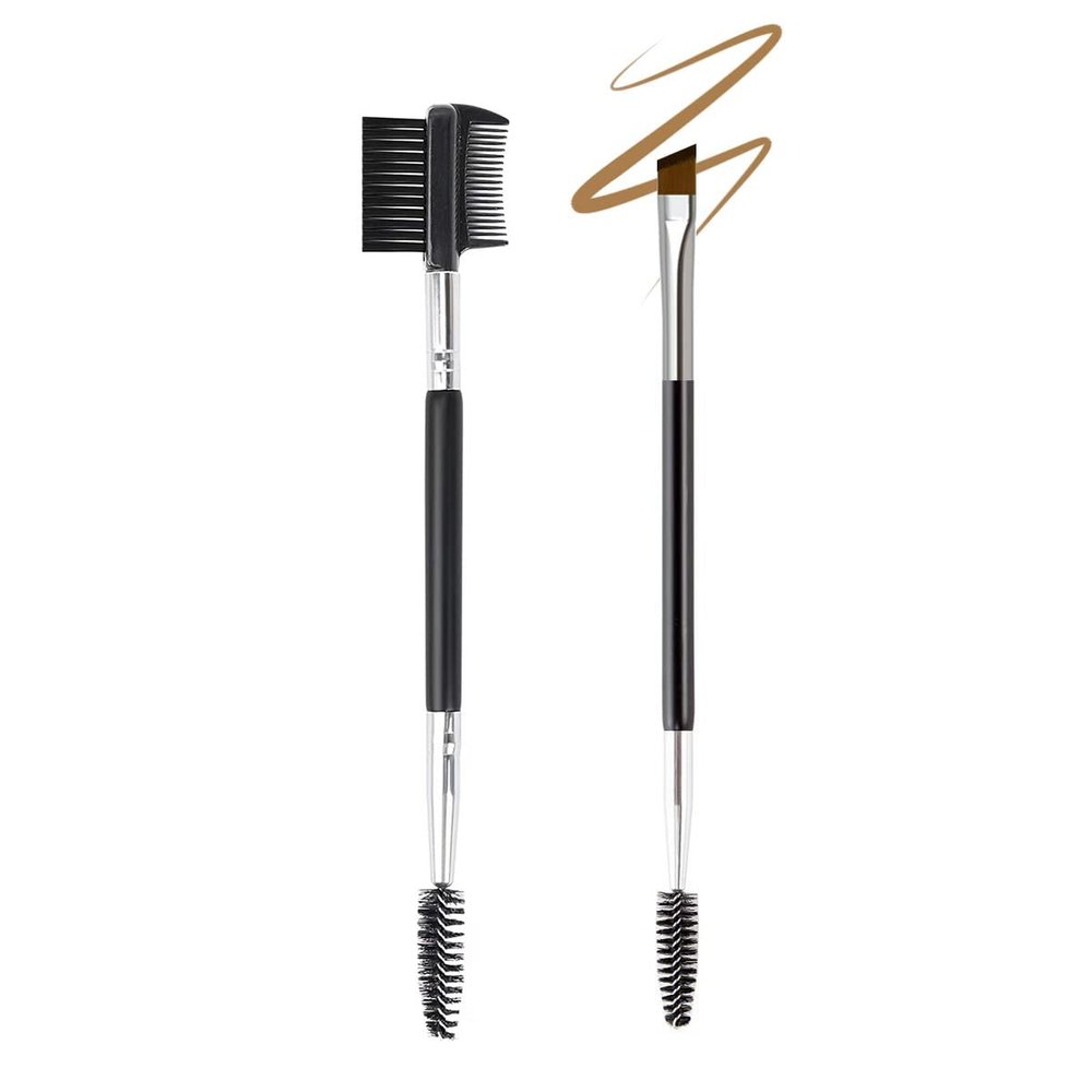 2PCS Professional Double-Ended Eyebrow and Eyelash Brush Set - Angled Eye Brow Brush, Spoolie, and 3 Head Eyelash Comb - Makeup Grooming Tool for Shaping Brows and Lashes