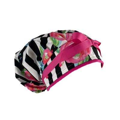 Bouffant Medical Cap Flowers Over Stripes.- Sweatband Ponytail Pouch Tie Back Hats Bouffant Scrub Hats. Scrub Hat for Women & Men tie Back. Nurses Hats Ponytail Holder Dr. Hats. Long Hair