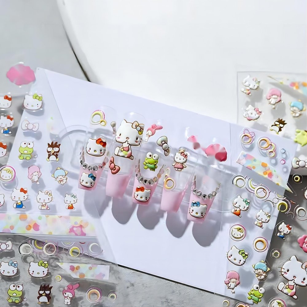 Dedyel Cute Nail Stickers 5D Embossed Cartoon Cat Nail Stickers Kawaii Animal Self-Adhesive Nail Decals for Women Girls Kids Nail Art Decoration