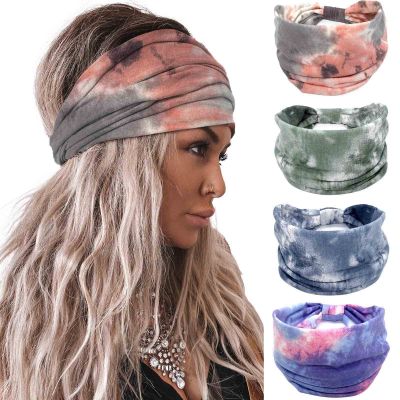 Acenail Wide Headbands Women Knotted Turban Headband Elastic Non Slip Hairbands Tie Dye Yoga Cotton Hair Scarfs Workout Boho Head Wraps Fashion Hair Accessories for Women 4Pcs(Tie Dye A)