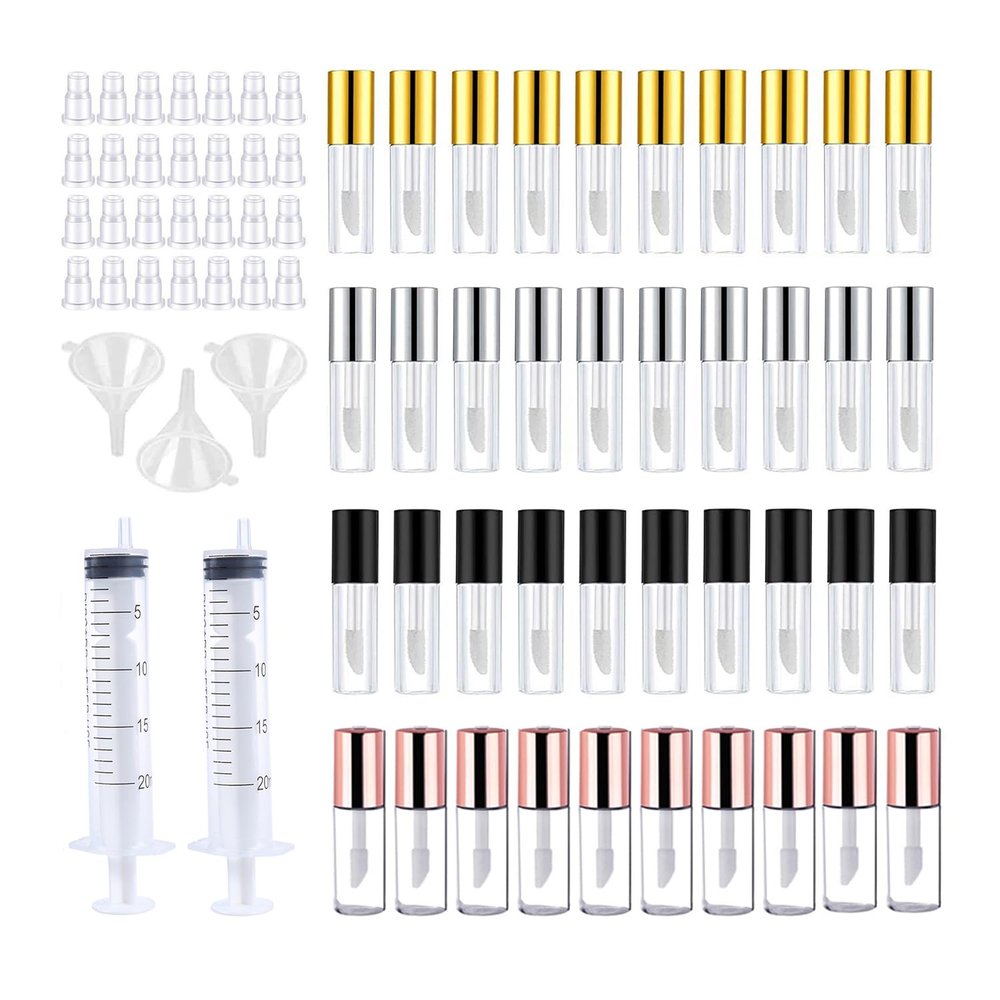 40 Packs 1.2 mL Pretty Empty Lip Gloss Tubes Containers, Clear Mini Refillable Lip Balm Bottles with Rubber Inserts and 2 Packs 20ml Syringes 4pcs Funnels for Lip Samples Travel DIY Makeup (4 Colors)