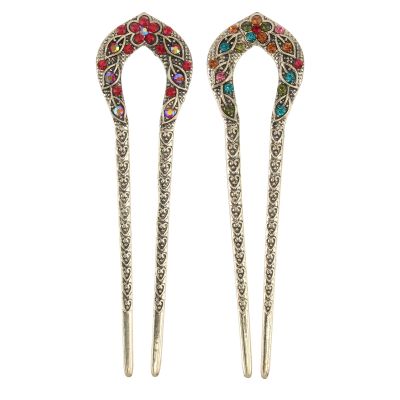 Mobestech 2pcs Vintage Rhinestone Hair Pins Double Prong Dovetail Clips for Elegant Updos Stylish Accessory for Parties and Casual Outings Floral Design for Friends