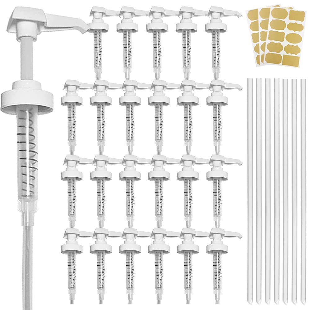 24 Pack Gallon Jug Pump Dispenser 38-400 White Pump - 7cc Lotion Shampoo Pump Top Replacement, Fits 1 Gallon Bottle 64oz 128oz Hand Sanitizer Containers, Plus Labels
