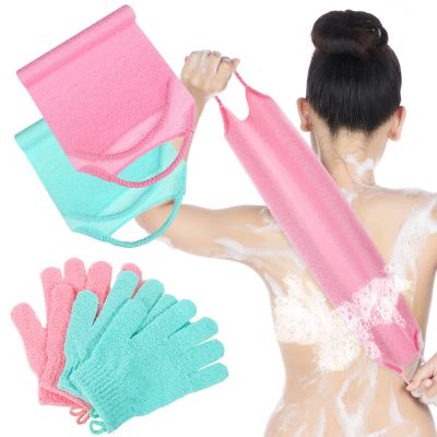 4 Pack Exfoliating Washcloth Back Scrubber Set, 2 Exfoliating Body Scrubber Nylon Back Body Scrub Towel, 2 Pairs Shower Gloves for Women Men Bath Shower Exfoliation(Pink, Light Blue, Green)