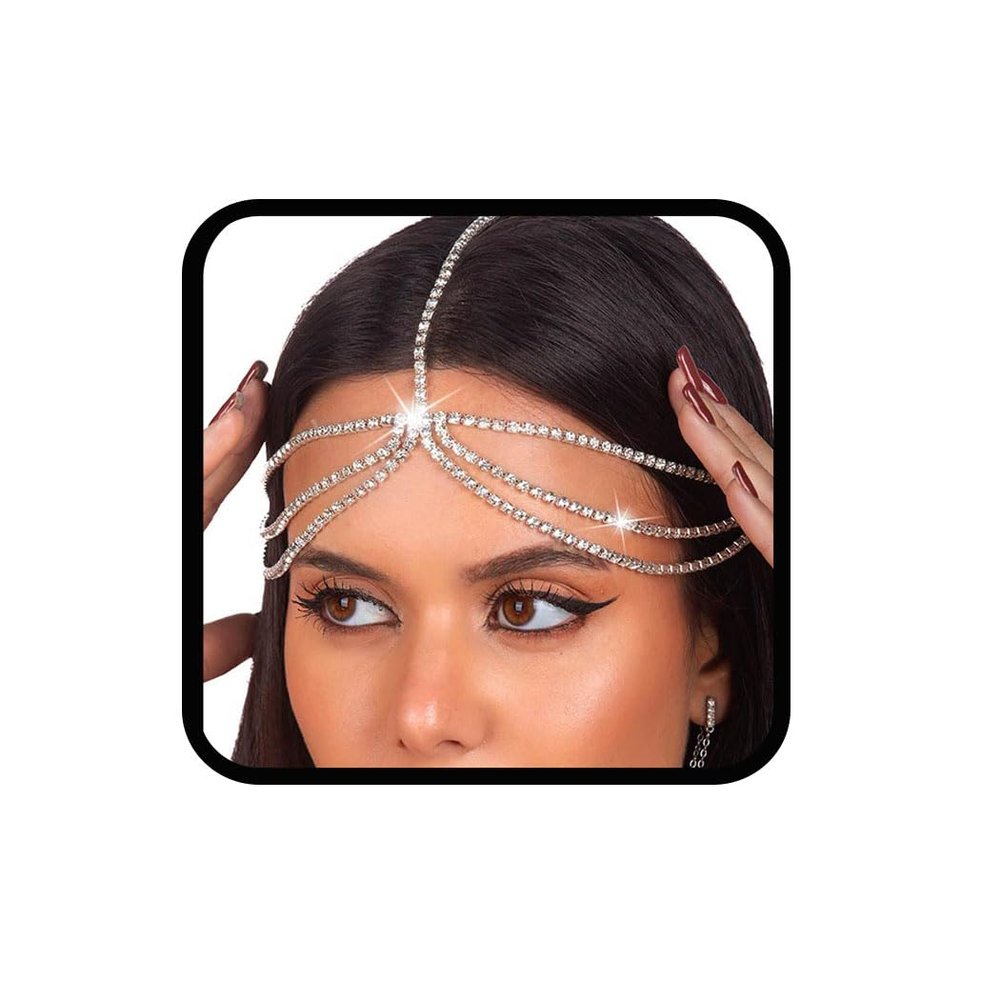 Aularso Crystal Layered Head Chain Rhinestone Head Jewelry Sparkly Fashion Headbands Chain for Women (Silver)