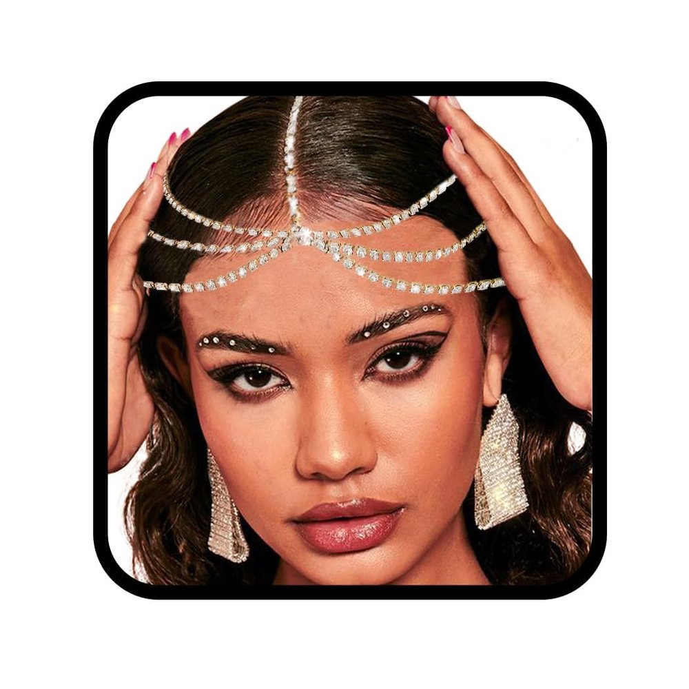 Aularso Layerd Head Chain Crystal Head Jewelry Gold Face Chain Costume Rhinestone Headbands Chain for Women (Gold)