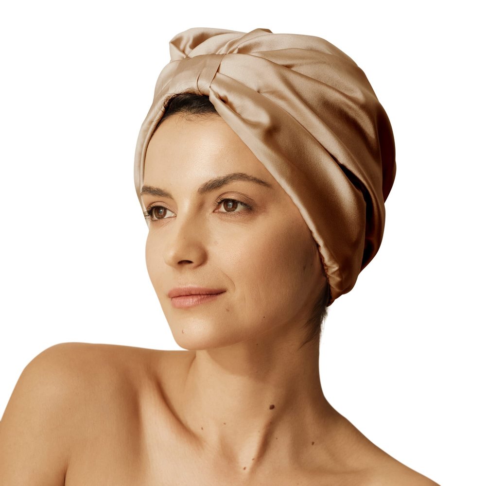 Sleep & Glow Silk Hair Turban Luxury Cap for Sleeping Double Layered 100% Natural Mulberry Silk Night Hair Bonnet for Healthy and Shiny Hair (Caramel)