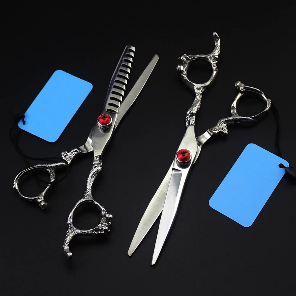 Professional Hair Cutting Shears, 6inch Professional Japan440c Upscale scissor dragon handle cut hair scissors cutting barber haircut thinning shears hairdresser scissors (Color : Set)