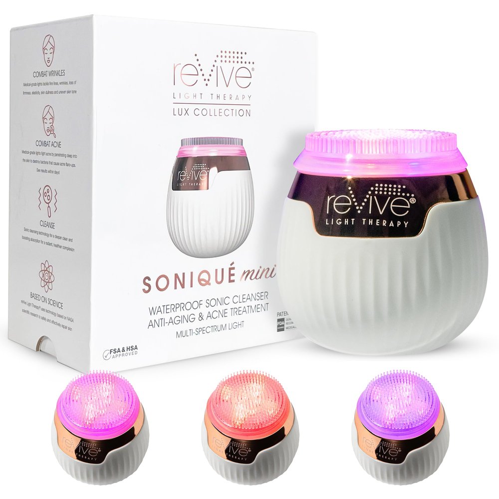 Revive Light Therapy Lux Collection Soniqu Mini, Rechargeable Sonic Face Cleanser Brush with Medical-Grade Blue & Red Light Therapy for Face, Acne & Wrinkle Care, Water-Resistant