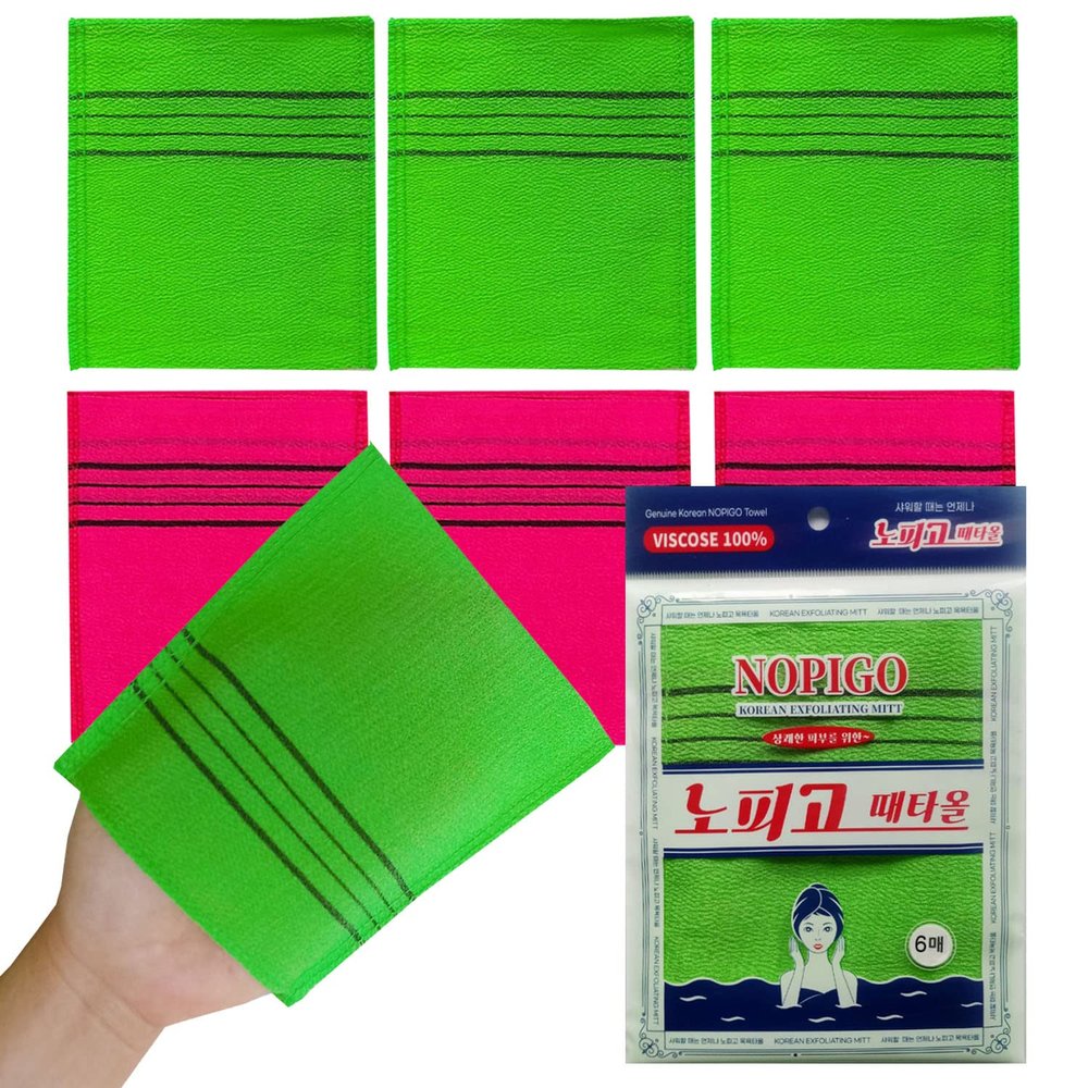 NOPIGO The Original Korean Exfoliating Mitt Body Scrub-6pcs (green3 red3) Asian Exfoliating Bath Washcloth for Dead Skin, Bath Sponge,Body exfoliate Glove.