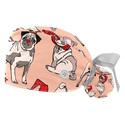 2 Pcs Nurse Scrub Caps Women Long Hair, Christams Xmas Pug Dog Adjustable Working Cap with Button and Sweatband