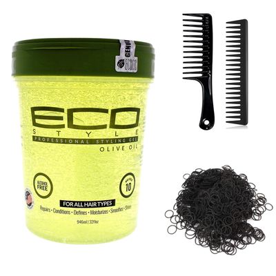 Hair Styling Gel Styling Tools Kit (Including Eco Styling Gel Olive Oil Gel 32 Ounce, 2 Piece Wide Tooth Hair Comb Set & 100 pc Hair Elastic Rubber Bands) Hair Gel Set-L8
