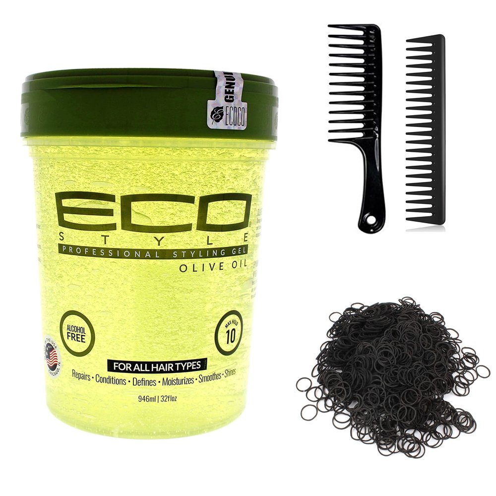 Hair Styling Gel Styling Tools Kit (Including Eco Styling Gel Olive Oil Gel 32 Ounce, 2 Piece Wide Tooth Hair Comb Set & 100 pc Hair Elastic Rubber Bands) Hair Gel Set-L8