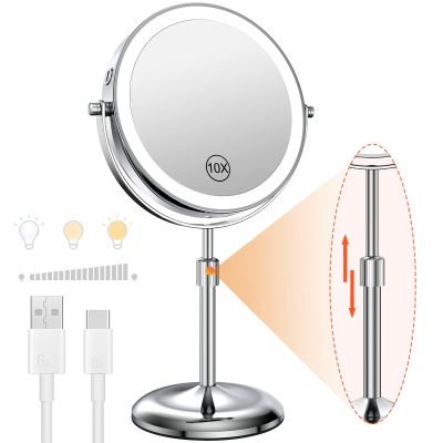 Benbilry Lighted Makeup Mirror with 10X Magnification & 3 Color Lights, Adjustable Brightness & Height, 7 Inch 360 Swivel Rechargeable LED Magnifying Make Up Vanity Mirror with Lighting (Silver)