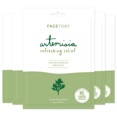 FACETORY K Beauty Face Mask Skin Care - ARTEMISIA REFRESHING RELIEF Sheet Mask with Artemesia Plant Extract | Soothes Redness & Breakouts (5 Pack)
