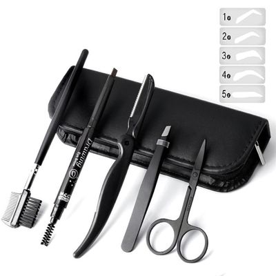 5PCS Eyebrow Grooming Kit,Eyebrow set with Eyebrow Pencil,Scissors,Eyebrow Brush Comb, Tweezers,Razor for Men and Women,Black