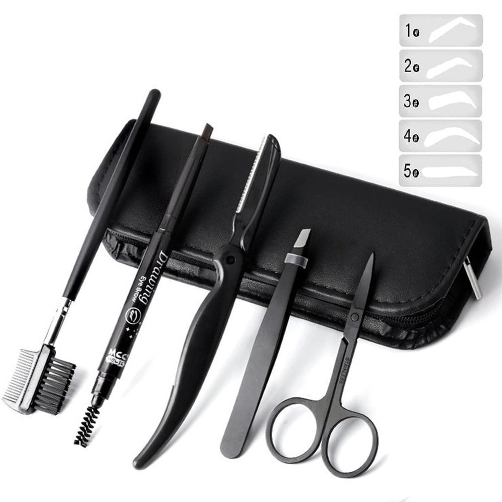5PCS Eyebrow Grooming Kit,Eyebrow set with Eyebrow Pencil,Scissors,Eyebrow Brush Comb, Tweezers,Razor for Men and Women,Black