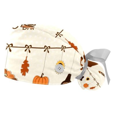2 Pcs Nurse Scrub Caps Women Long Hair, Happy Thanksgiving Turkey Pumpkin Adjustable Working Cap with Button and Sweatband