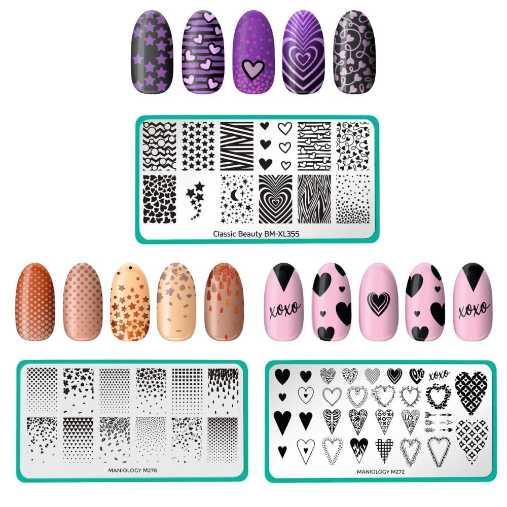Maniology Hearts and Gradients Nail Stamping Plate Set, Classic Heart Star Gradient Manicures, Layered Nail Art Designs (Hearts + Stars (BM-XL355), Classic Gradients (M278), Bleeding Hearts (M272))
