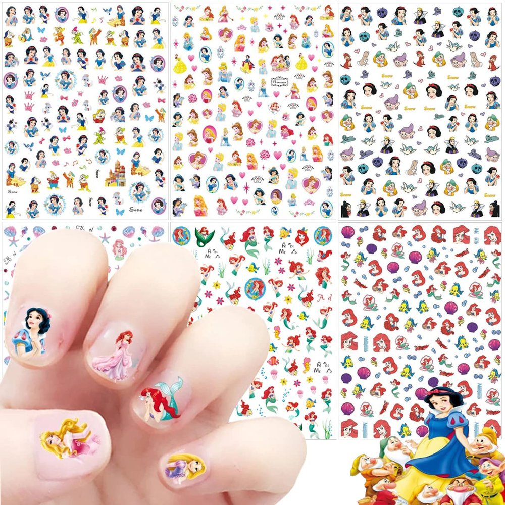 6 Sheets Cute Nail Art Decals 3D Self Adhesive Designer Mermaid Nail Stickers for Women & Girls Princess Accessory