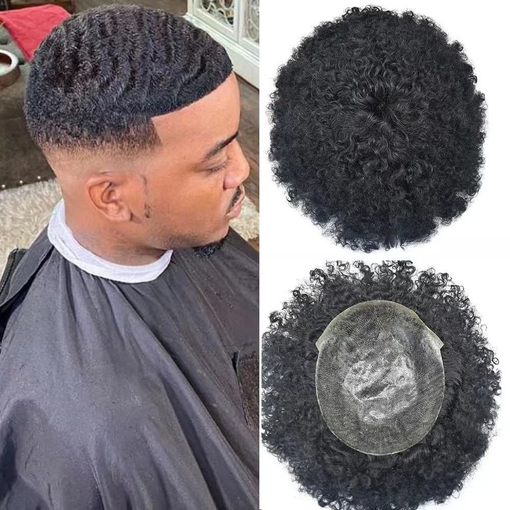 Afro Curly Toupee for Black Men Full Poly Skin Wave Hair Units for Black Men Kinky Wavy Human Hair Replacement System for African American Men 8x10 inch (1# JET BLACK-10mm wave)