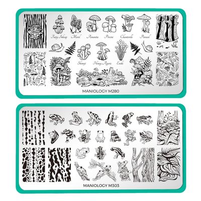 Maniology Forest Wonders Nail Stamping Plate Set, Mushrooms Frogs Manicure, Rainforest Woods Animal Nail Art (Magic Mushrooms (M280), Hop To It (M303))
