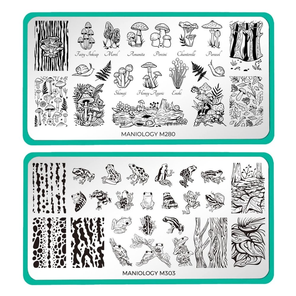 Maniology Forest Wonders Nail Stamping Plate Set, Mushrooms Frogs Manicure, Rainforest Woods Animal Nail Art (Magic Mushrooms (M280), Hop To It (M303))