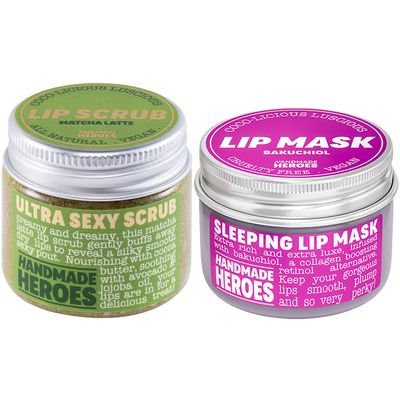 Handmade Heroes Plumping Bakuchiol Lip Mask and Green Tea Lip Scrub Bundle - Clean Sustainable Skincare Lip Exfoliator and Lip Treatment - Matcha Latte & Bakuchiol