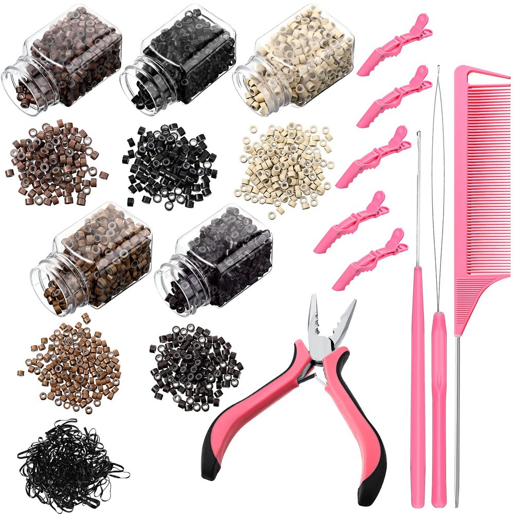 16 Pcs Hair Extension Tool Kit Remove Pliers 2500 Micro Silicone Rings Bead Pulling Hook Needle Loop Needle Threader 2 Combs 500 Black Mini Rubber Bands 5 Plastic Clips for Hair Styling Tool Accessory