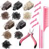 16 Pcs Hair Extension Tool Kit Remove Pliers 2500 Micro Silicone Rings Bead Pulling Hook Needle Loop Needle Threader 2 Combs 500 Black Mini Rubber Bands 5 Plastic Clips for Hair Styling Tool Accessory view 1