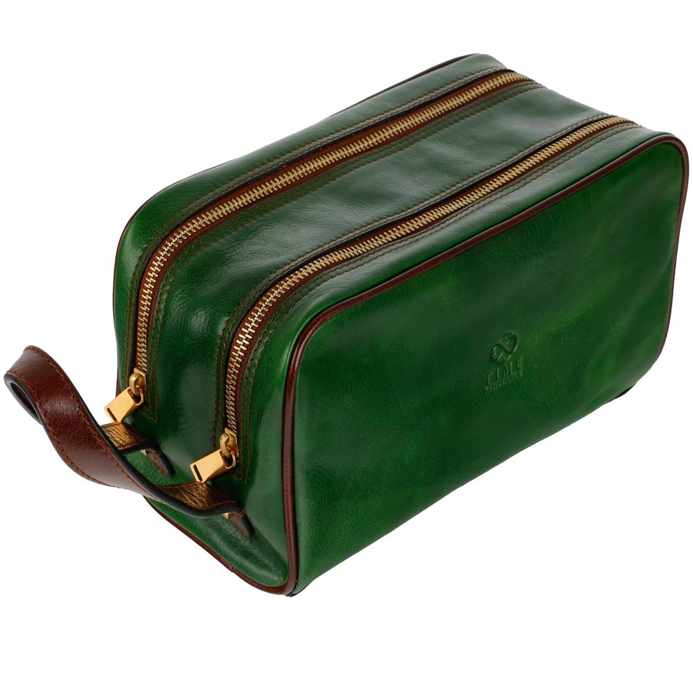 Time Resistance Leather Cosmetic Bag - Italian Toiletry Dopp Kit (Green)