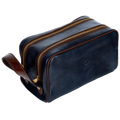 Time Resistance Leather Cosmetic Bag - Italian Toiletry Dopp Kit (Blue)