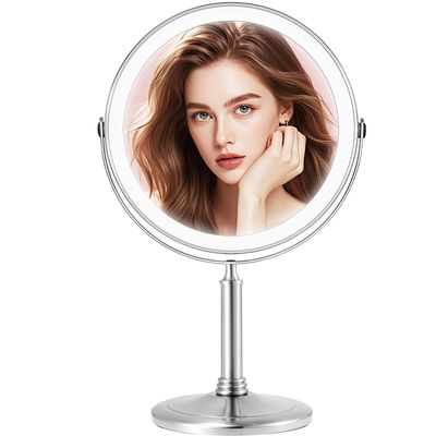 4000mAh Large Rechargeable Lighted Makeup Mirror Nickel, 2-Sided 1X/10X HD Undistorted 8" Magnifying Mirror with 3 Color Lights Dimmable, 360 Swivel Seamless Cordless Travel Vanity Mirror -Detachable