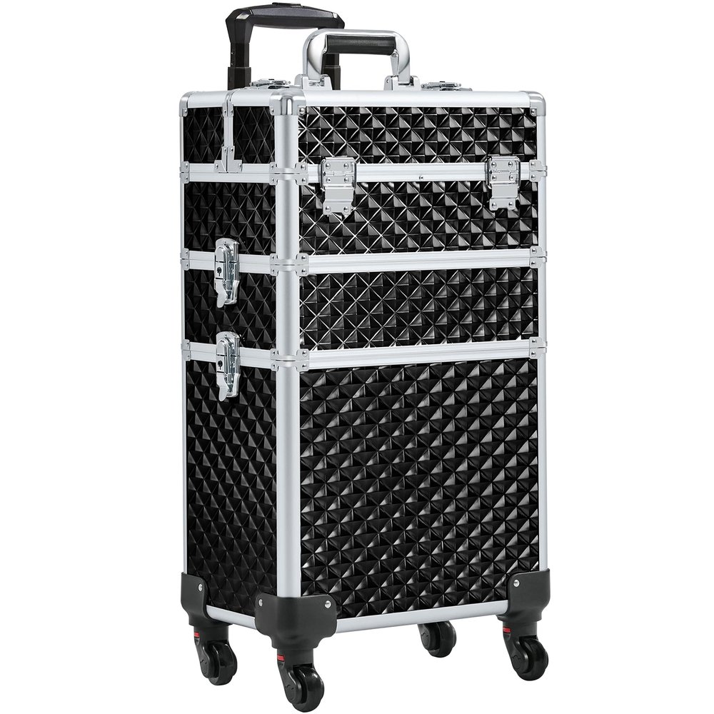 Topeakmart 3 in 1 Rolling Makeup Case Professional Cosmetic Train Case Beauty Storage Trolley for Make Up Hairstylists Nail Tech Bloggers, Black