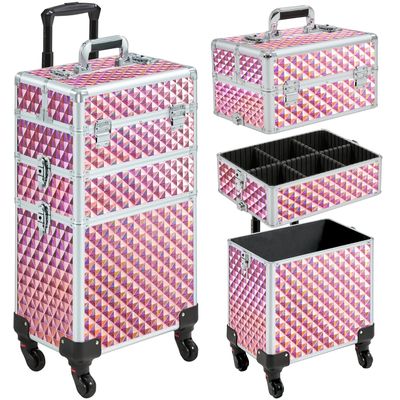 Yaheetech Rolling Makeup Train Case 3 in 1 Cosmetic Case Large Capacity Organizer with Swivel Wheels Key Cosmetic Trolley for Nail Tech Makeup - Pink
