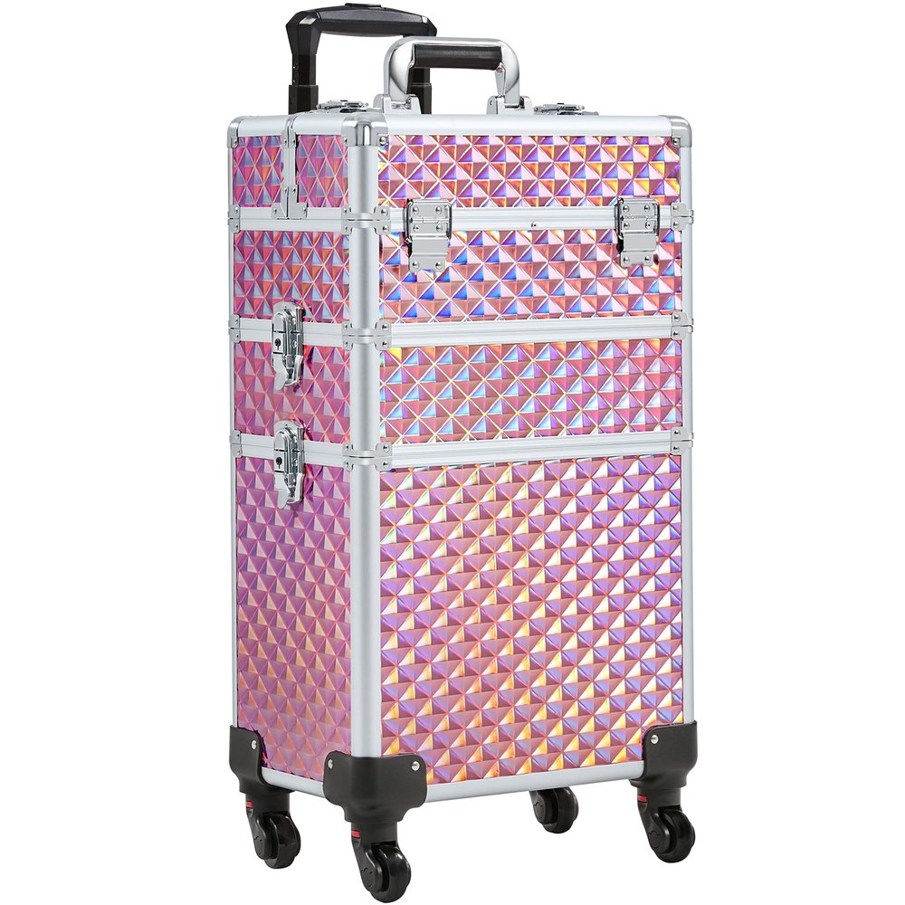 Topeakmart 3 in 1 Rolling Makeup Case Professional Cosmetic Train Case Beauty Storage Trolley for Make Up Hairstylists Nail Tech Bloggers, Holographic Pink