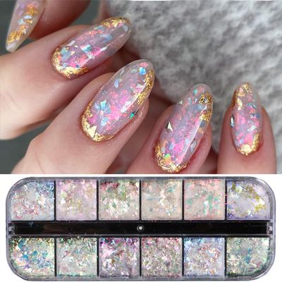 Holographic Opal Nail Art Glitter Flakes Powder Aurora Iridescent Pigment Ice Crystal Mermaid Paillettes Sparkly Sequins Design for Manicure Decoration Accessories 12 Grids