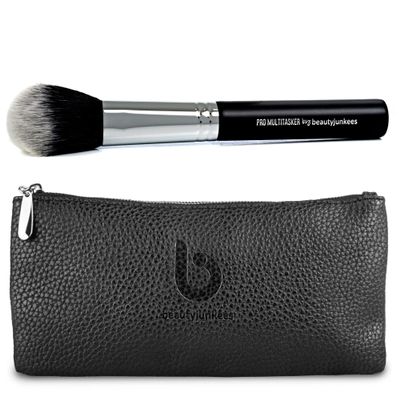 Beauty Junkees Makeup Brush Cosmetic Bag + Powder Blush Bronzer Makeup Brush Black Make Up Brush Holder for Purse, Multitasker Make Up Brushes, Cheek Blusher, Contour, Blending, Synthetic Vegan