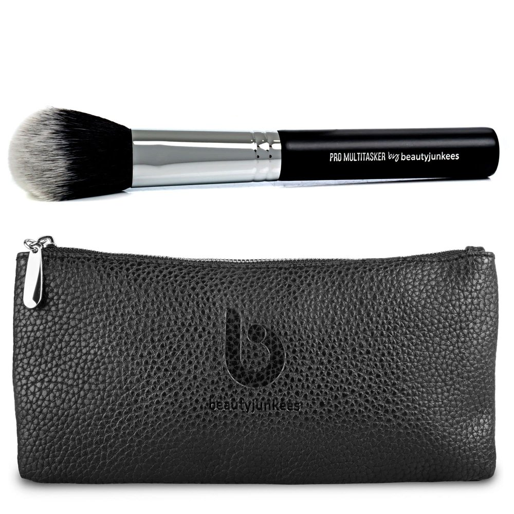 Beauty Junkees Makeup Brush Cosmetic Bag + Powder Blush Bronzer Makeup Brush Black Make Up Brush Holder for Purse, Multitasker Make Up Brushes, Cheek Blusher, Contour, Blending, Synthetic Vegan