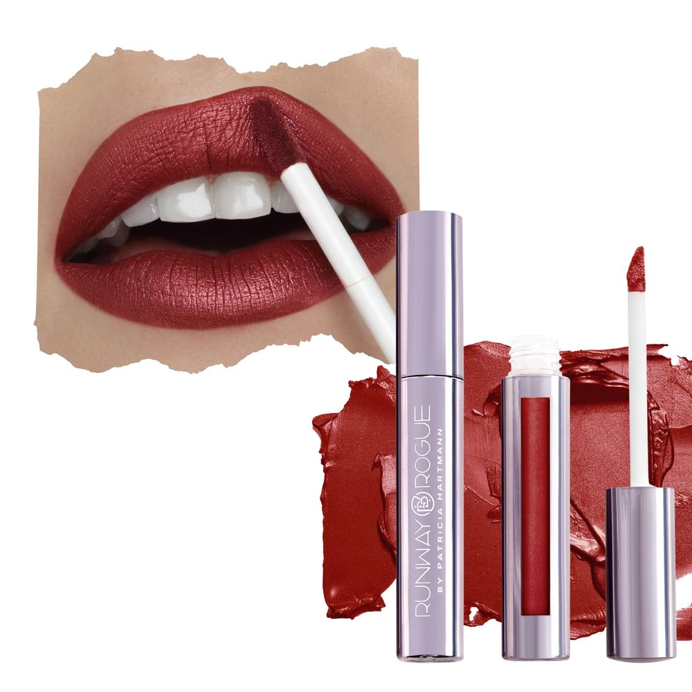 Runway Rogue Pearl Glam Long Wear Shimmer Liquid Lipstick, Metallic Warm Brick-Red Lipstick with Silver and Gold Shimmer, Showtime