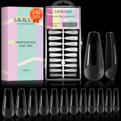 Saviland Matte Coffin Nail Tip  240PCS No Need to File Acrylic Nail Tips Professional French Tips for Nail Extension Full/Half Cover Dual Use Matte Texture Press on Nails Pre-Shape 10 Sizes Salon DIY